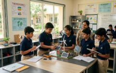 Students at Progressive Education School East Campus, the best school in Indore, engaging in hands-on solar energy projects to avoid rote learning at top ICSE schools near me