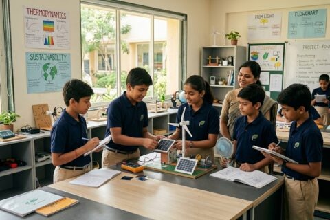 Students at Progressive Education School East Campus, the best school in Indore, engaging in hands-on solar energy projects to avoid rote learning at top ICSE schools near me