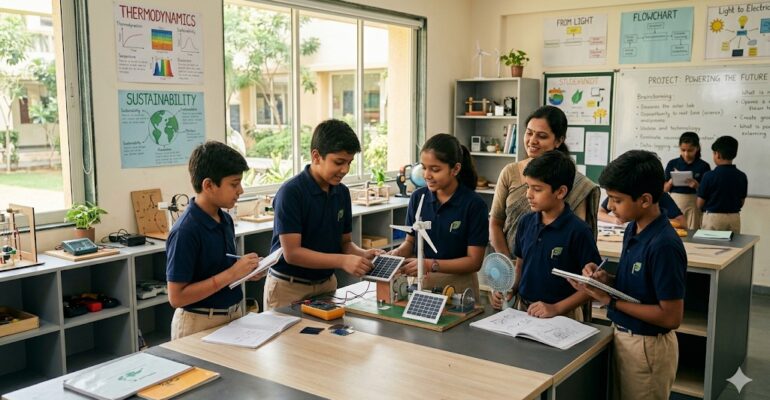 Students at Progressive Education School East Campus, the best school in Indore, engaging in hands-on solar energy projects to avoid rote learning at top ICSE schools near me