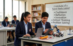 Middle school boy and girl in school blazer uniforms working together on a robotics project and laptop in a science lab