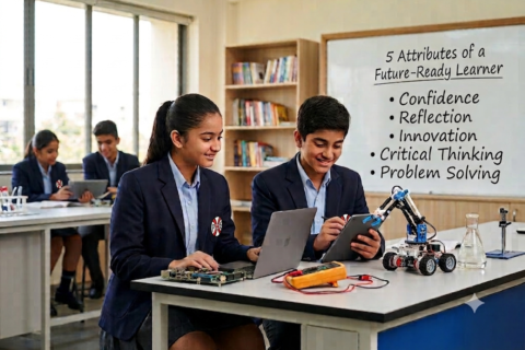 Middle school boy and girl in school blazer uniforms working together on a robotics project and laptop in a science lab