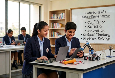 Middle school boy and girl in school blazer uniforms working together on a robotics project and laptop in a science lab