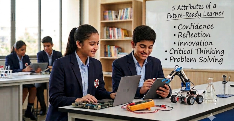 Middle school boy and girl in school blazer uniforms working together on a robotics project and laptop in a science lab