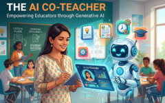 AI co-teacher assisting an educator with lesson planning in a classroom at the best ICSE board school in Indore.