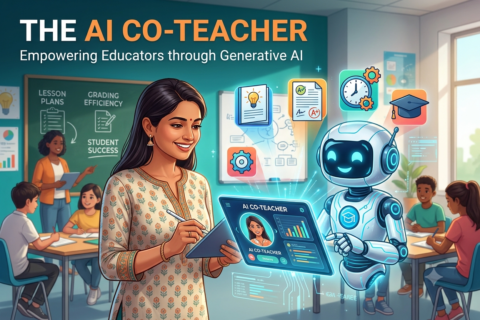 AI co-teacher assisting an educator with lesson planning in a classroom at the best ICSE board school in Indore.