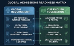 Infographic showing the Global Admissions Readiness Matrix comparing global requirements with ICSE English foundation skills.