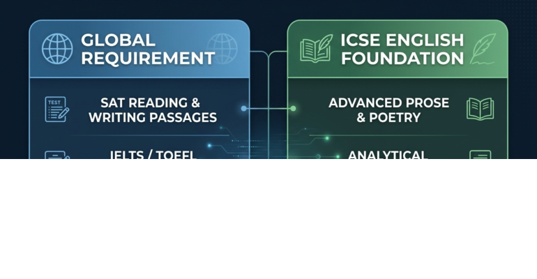 Infographic showing the Global Admissions Readiness Matrix comparing global requirements with ICSE English foundation skills.